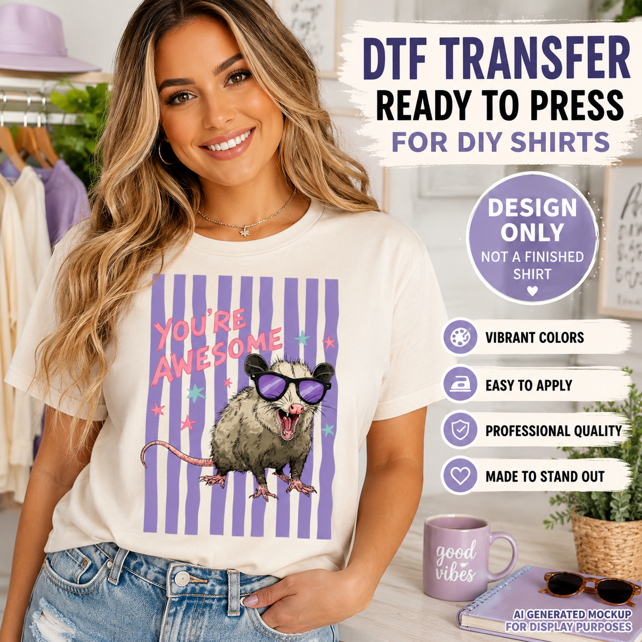 Woman wearing a t-shirt with a graphic design of a possum and text 'You're Awesome', with promotional text about DTF transfers.