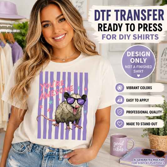 Woman wearing a t-shirt with a graphic design of a possum and text 'You're Awesome', with promotional text about DTF transfers.