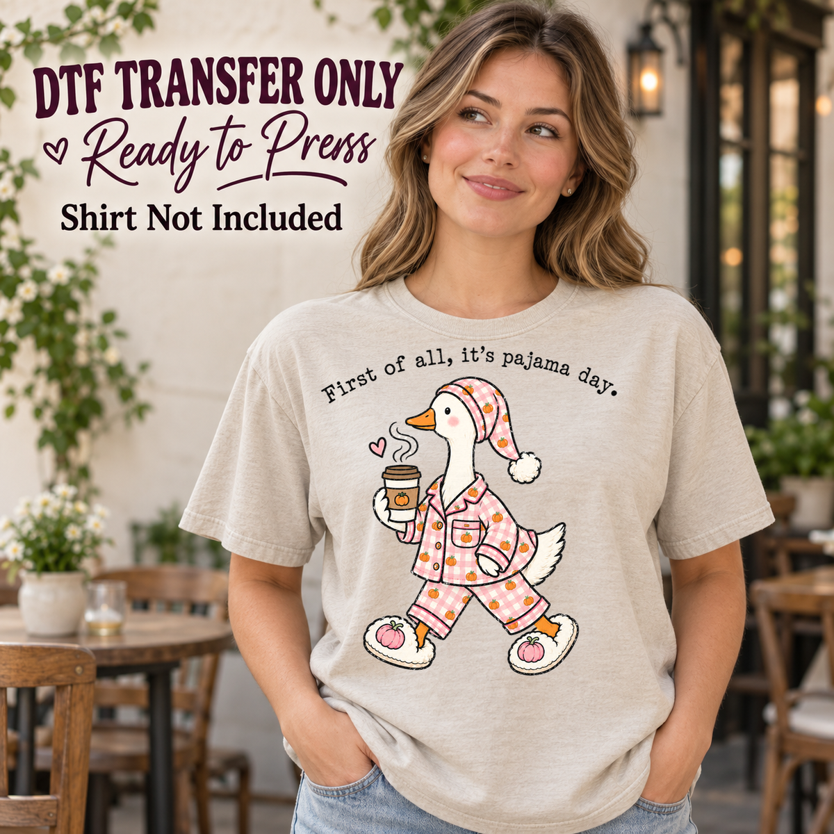 Funny Pajama Day Goose Pink Outfit design shown on a cream shirt worn by a model; DTF transfer only, shirt not included.