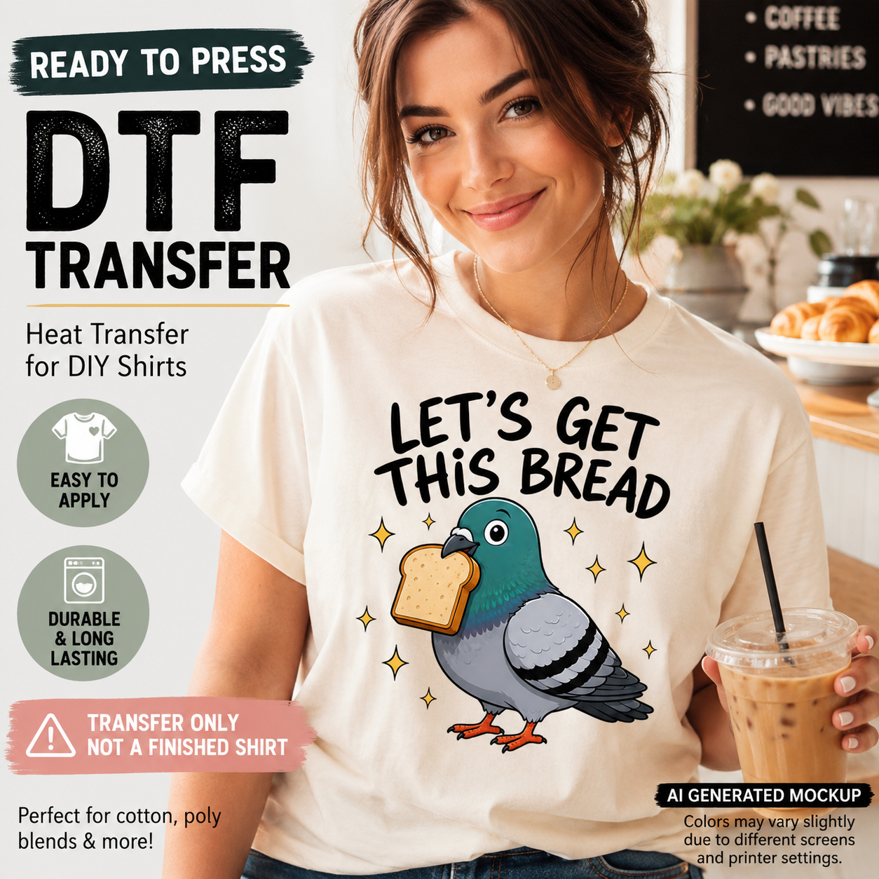 Woman wearing a t-shirt with a pigeon holding bread graphic and text 'Let's get this bread'.