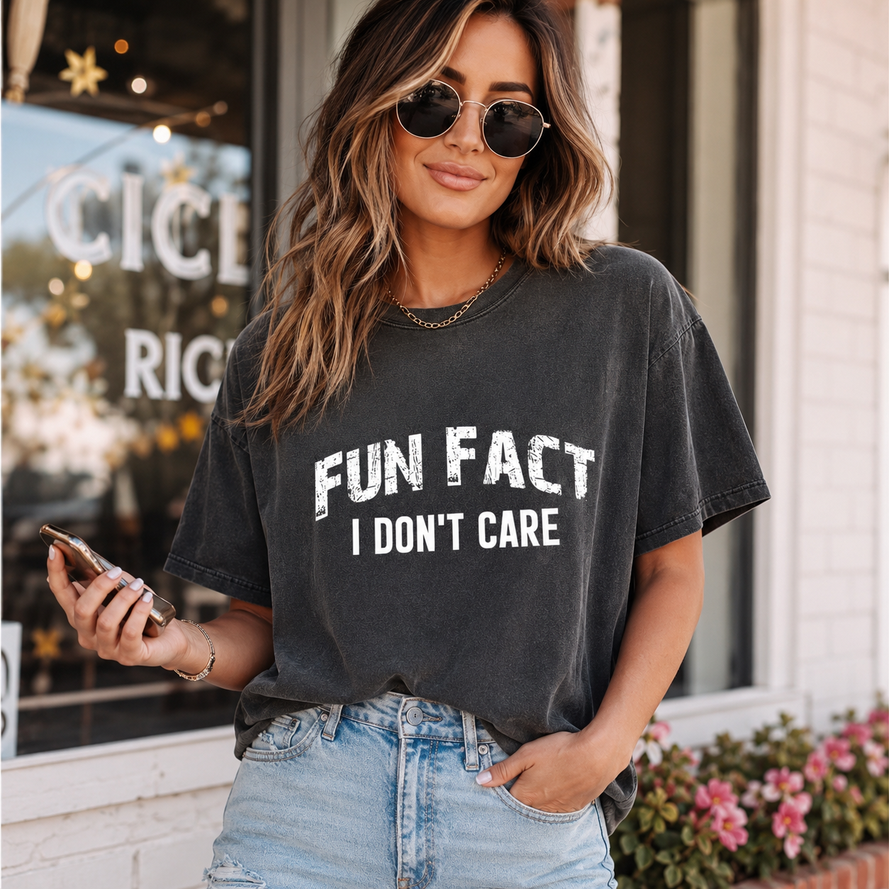 Black shirt mockup featuring a bold white Fun Fact I Don’t Care ready to press dtf transfer for sarcastic DIY shirts.