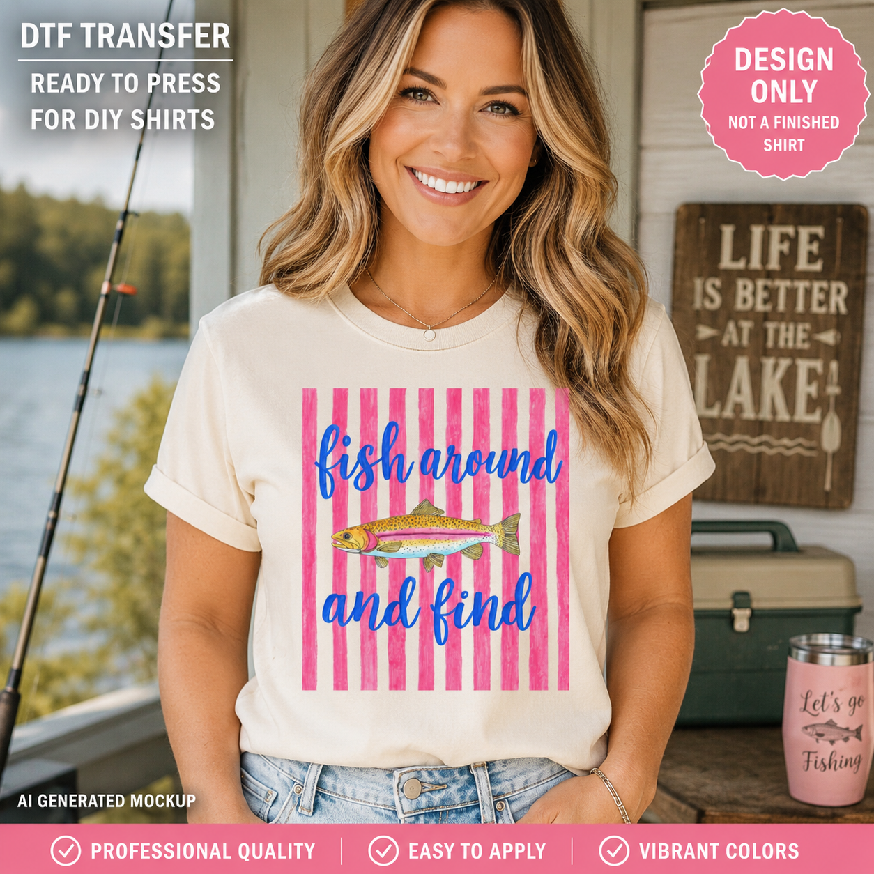 Woman wearing a t-shirt with 'fish around and find' design by a lake.