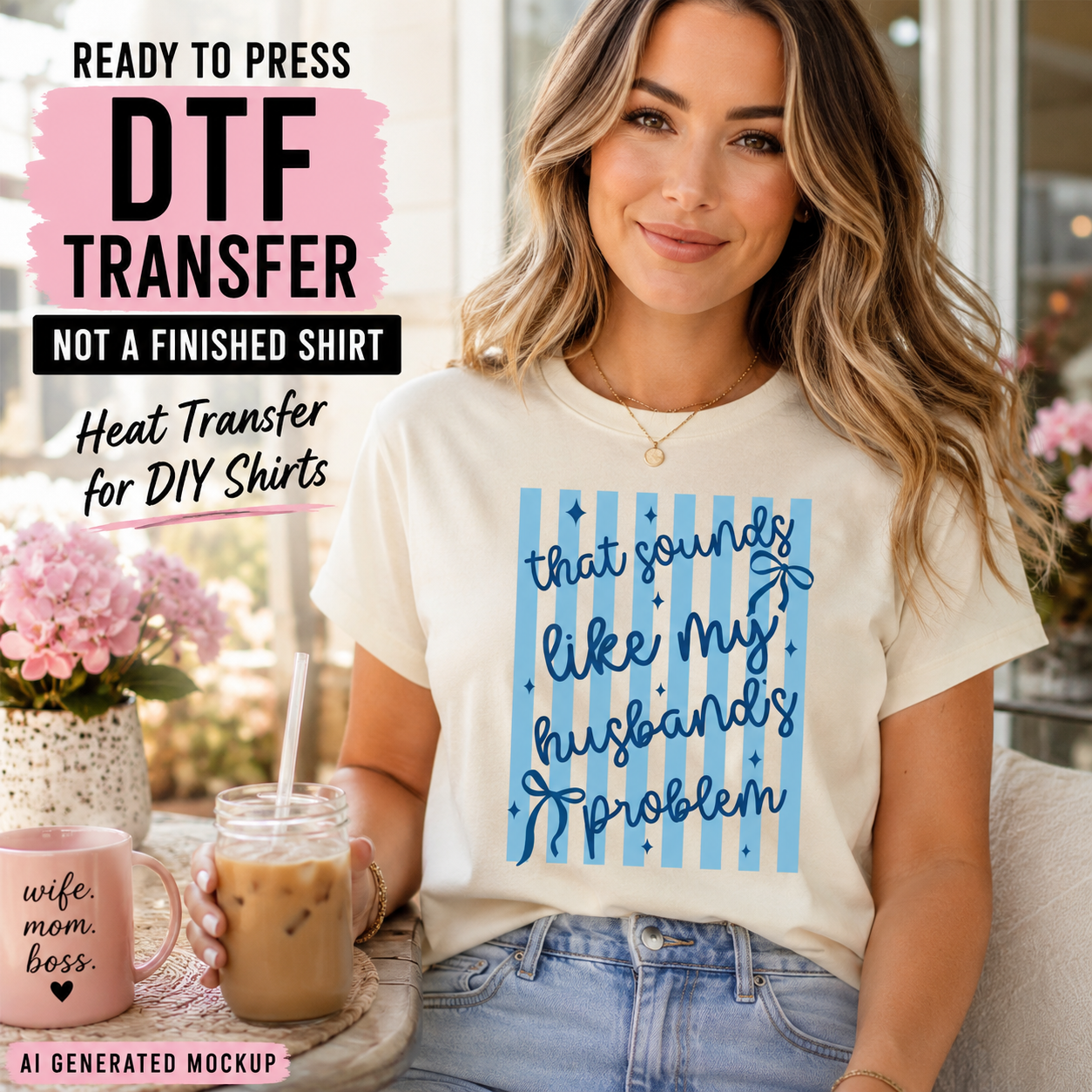 Woman wearing a t-shirt with a blue graphic and text that says ' that sounds like my husband's problem' sitting outdoors with a drink.