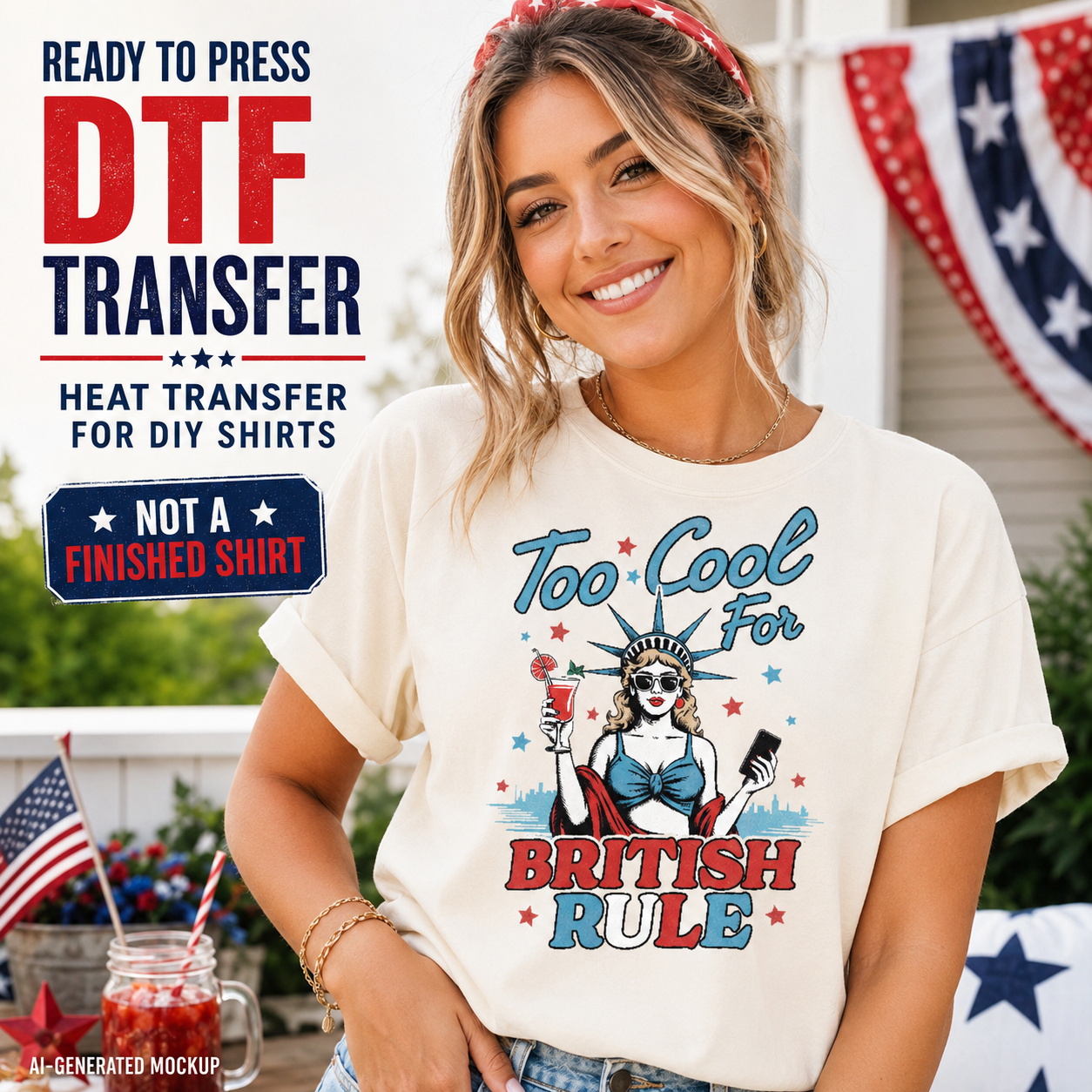 Woman wearing a t-shirt with 'Too Cool for British Rule' design, with patriotic elements.