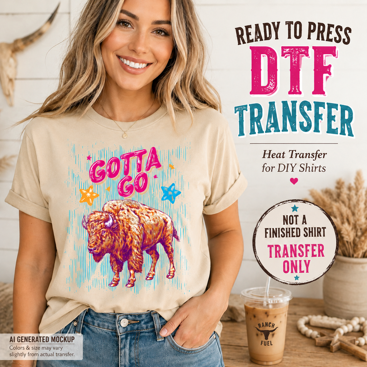 Woman wearing a t-shirt with a bison graphic and text, standing next to promotional materials for DTF transfers.