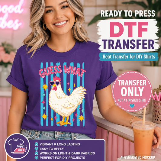 Woman wearing a purple t-shirt with a chicken graphic and text, holding a drink, with promotional text for DTF transfers.