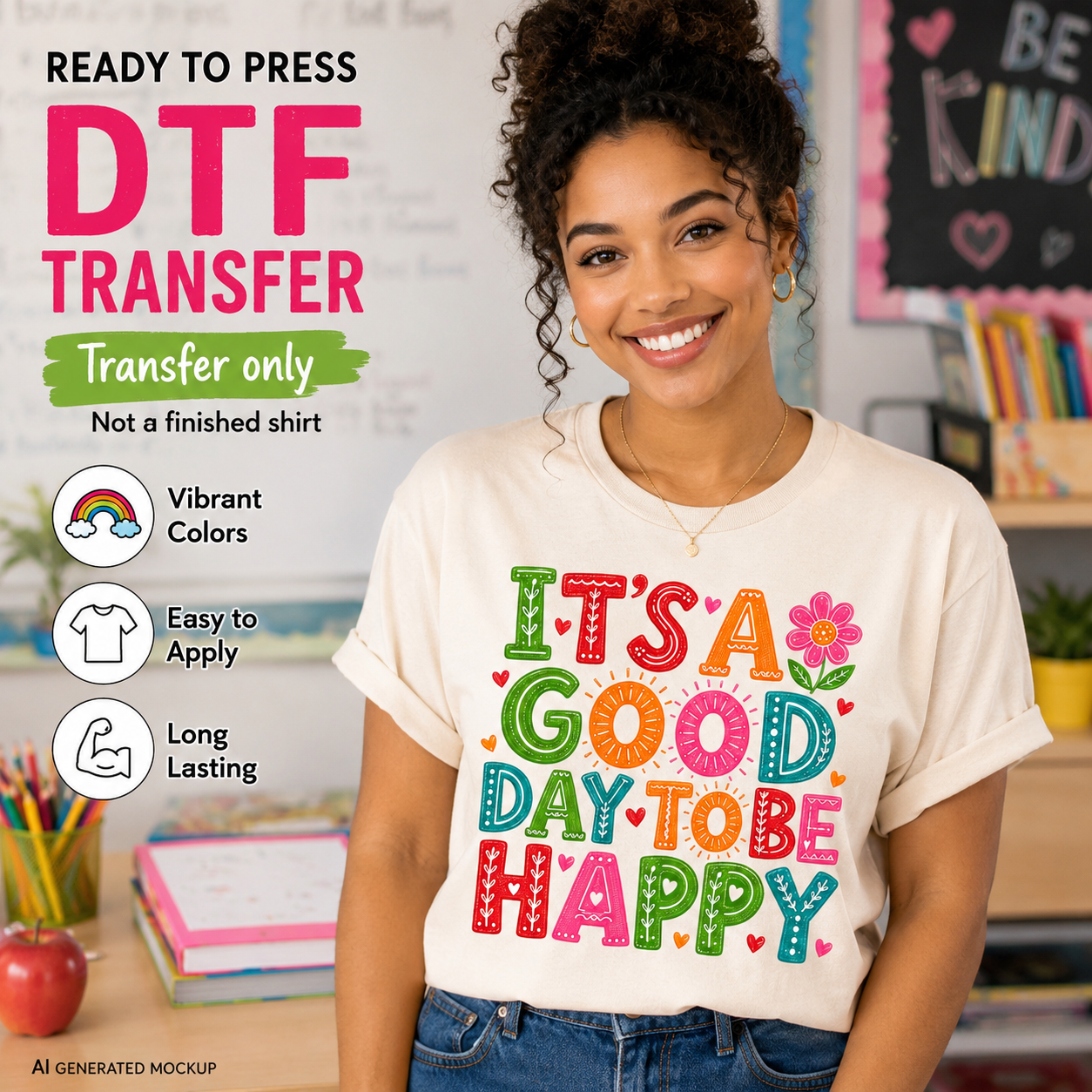 Woman wearing a t-shirt with 'It's a Good Day to Be Happy' text, with promotional text about DTF transfers.