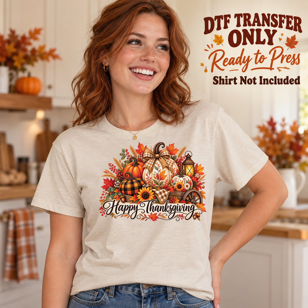 Happy Thanksgiving Pumpkin Harvest design shown on a cream shirt worn by a model; DTF transfer only, shirt not included.