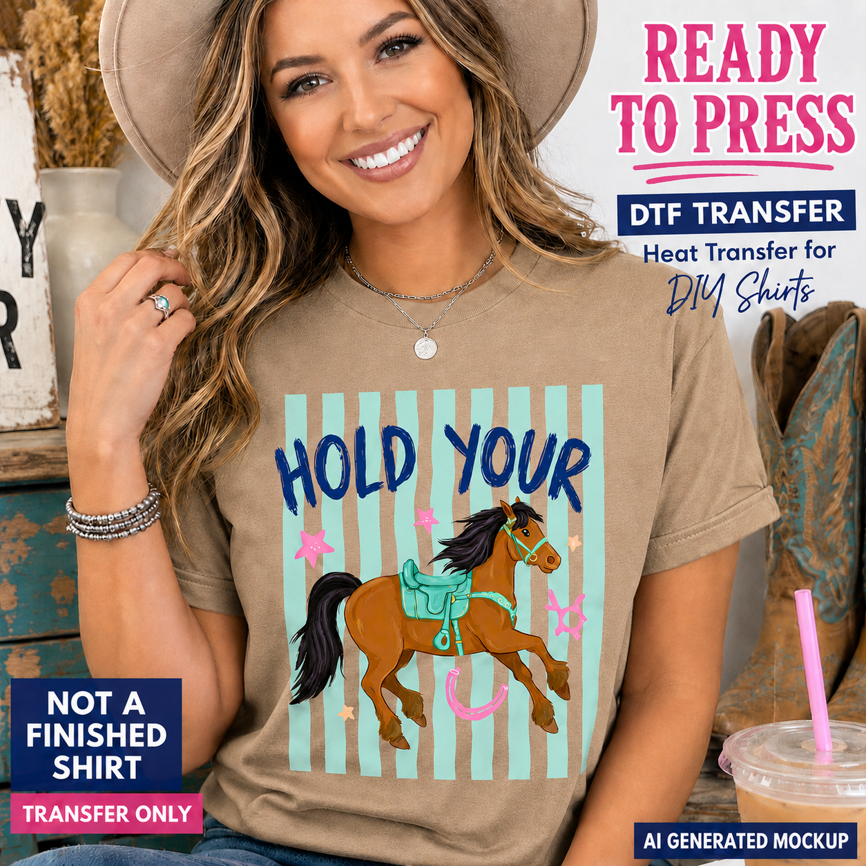 Woman wearing a t-shirt with a horse graphic and text, with promotional text about DTF transfers.