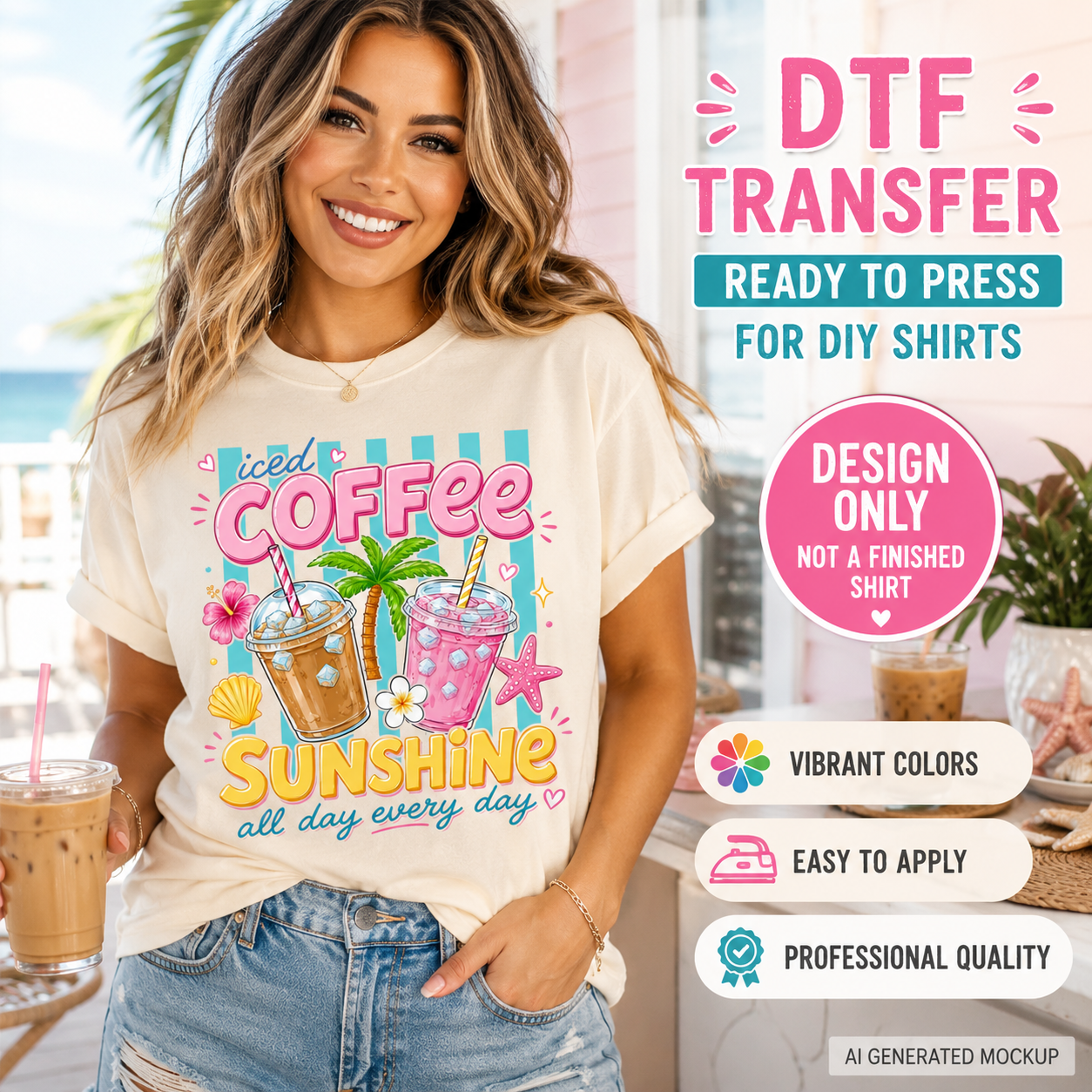 Woman wearing a t-shirt with 'iced coffee, sunshine' design, holding drinks, with promotional text for DTF transfers.