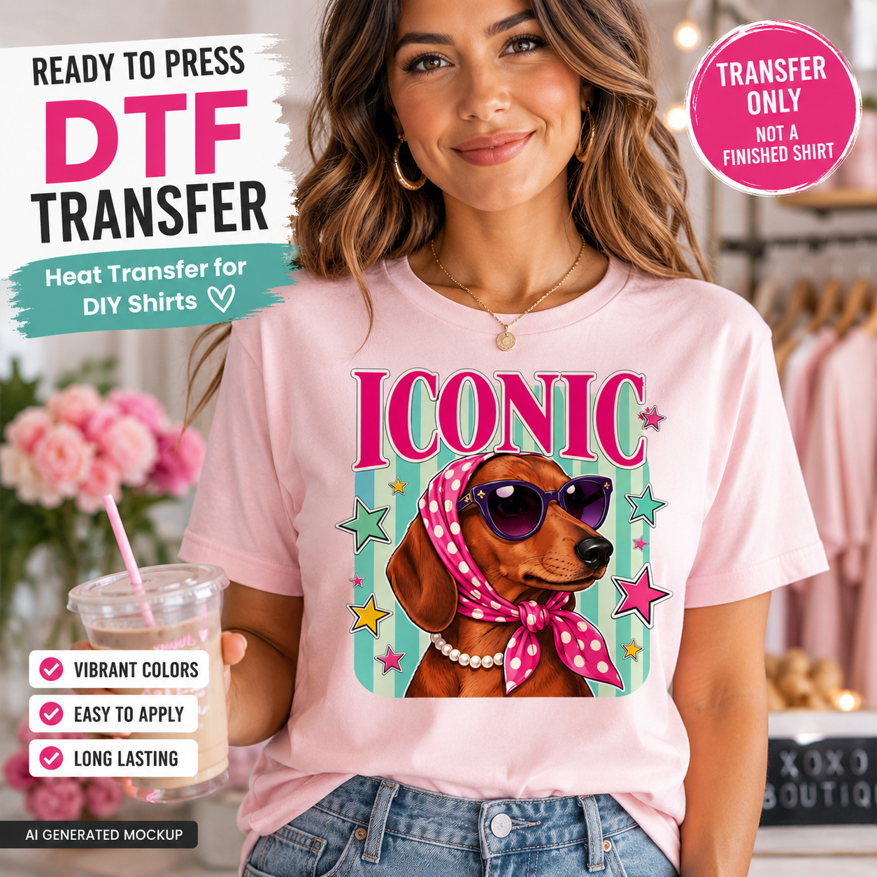Woman wearing a pink t-shirt with a dog graphic and 'Iconic' text, holding a drink.