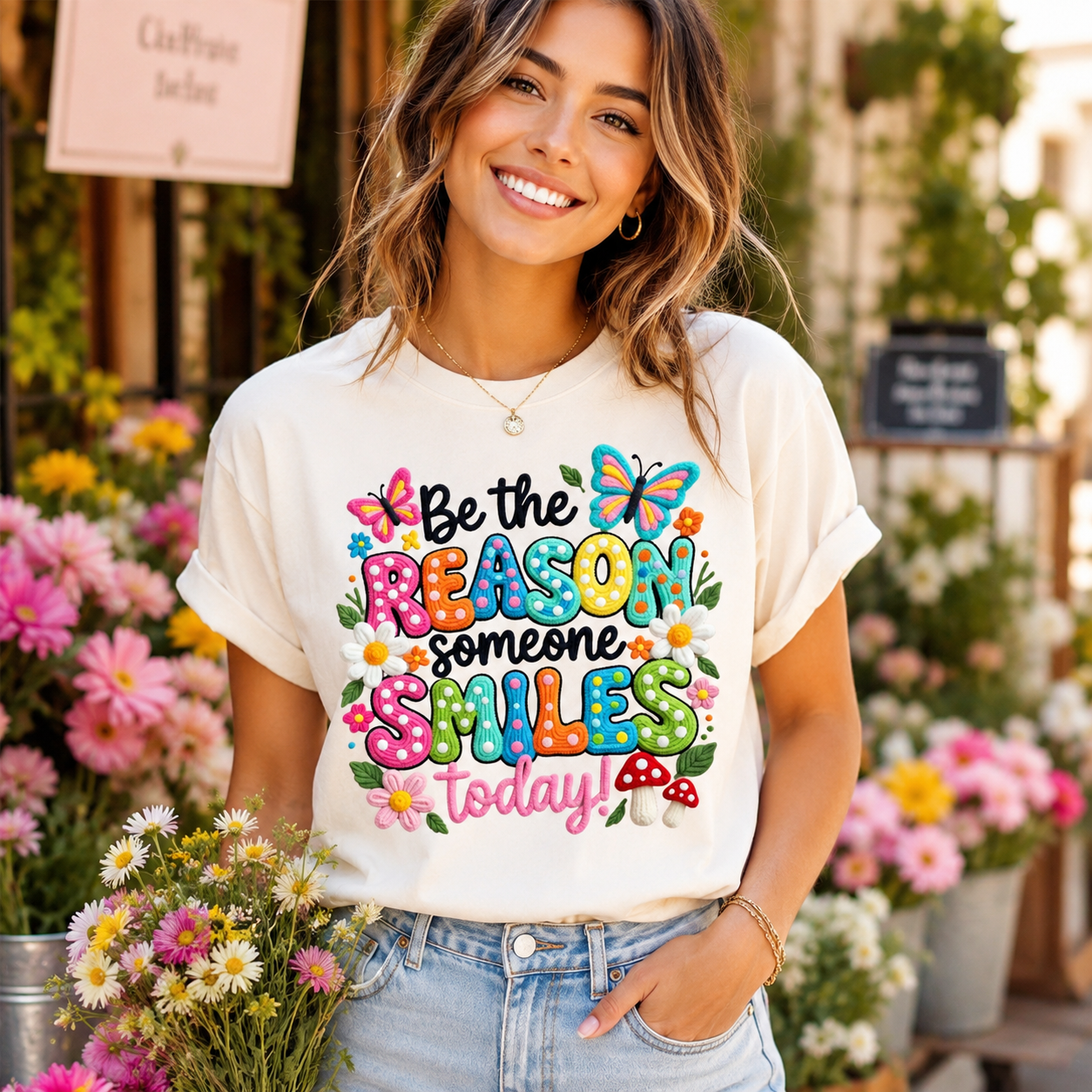 Cream shirt mockup featuring a colorful Be the Reason Someone Smiles Today ready to press dtf transfer with butterflies and flowers.