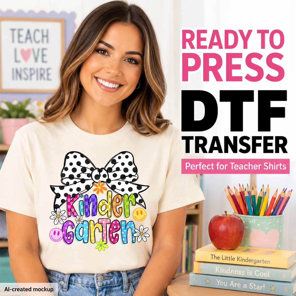 Woman wearing a t-shirt with a colorful design and text' kindergarten', with educational books and supplies in the background.