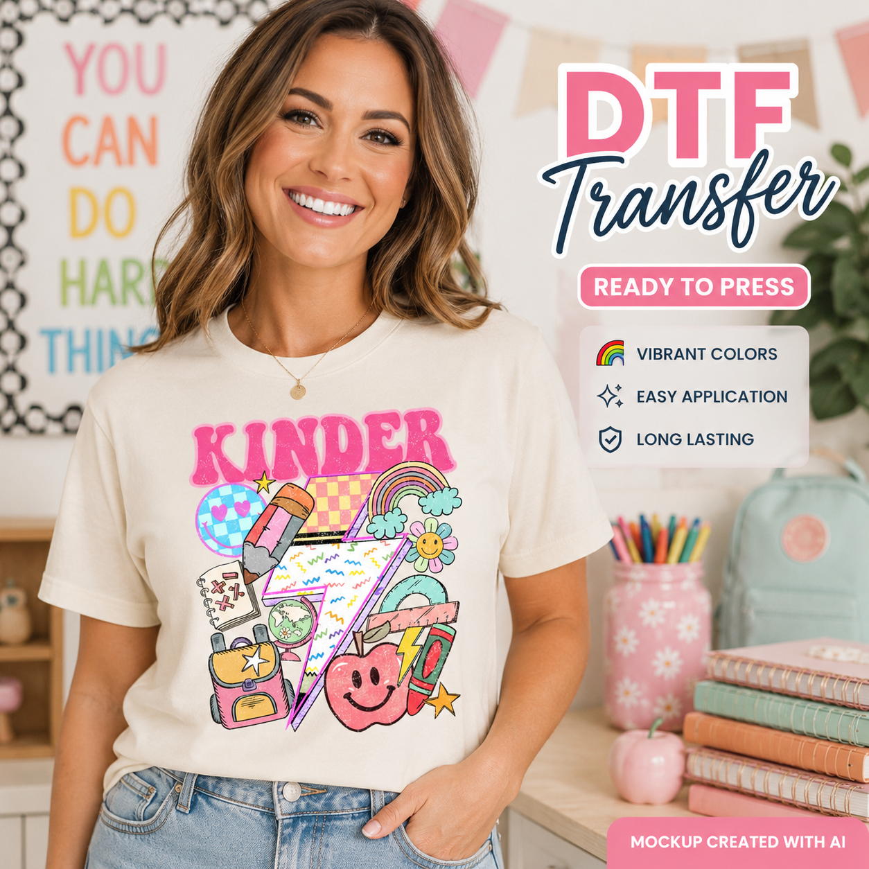 Woman wearing a t-shirt with a colorful design and 'KINDER' text, with promotional text for DTF transfer in the corner.