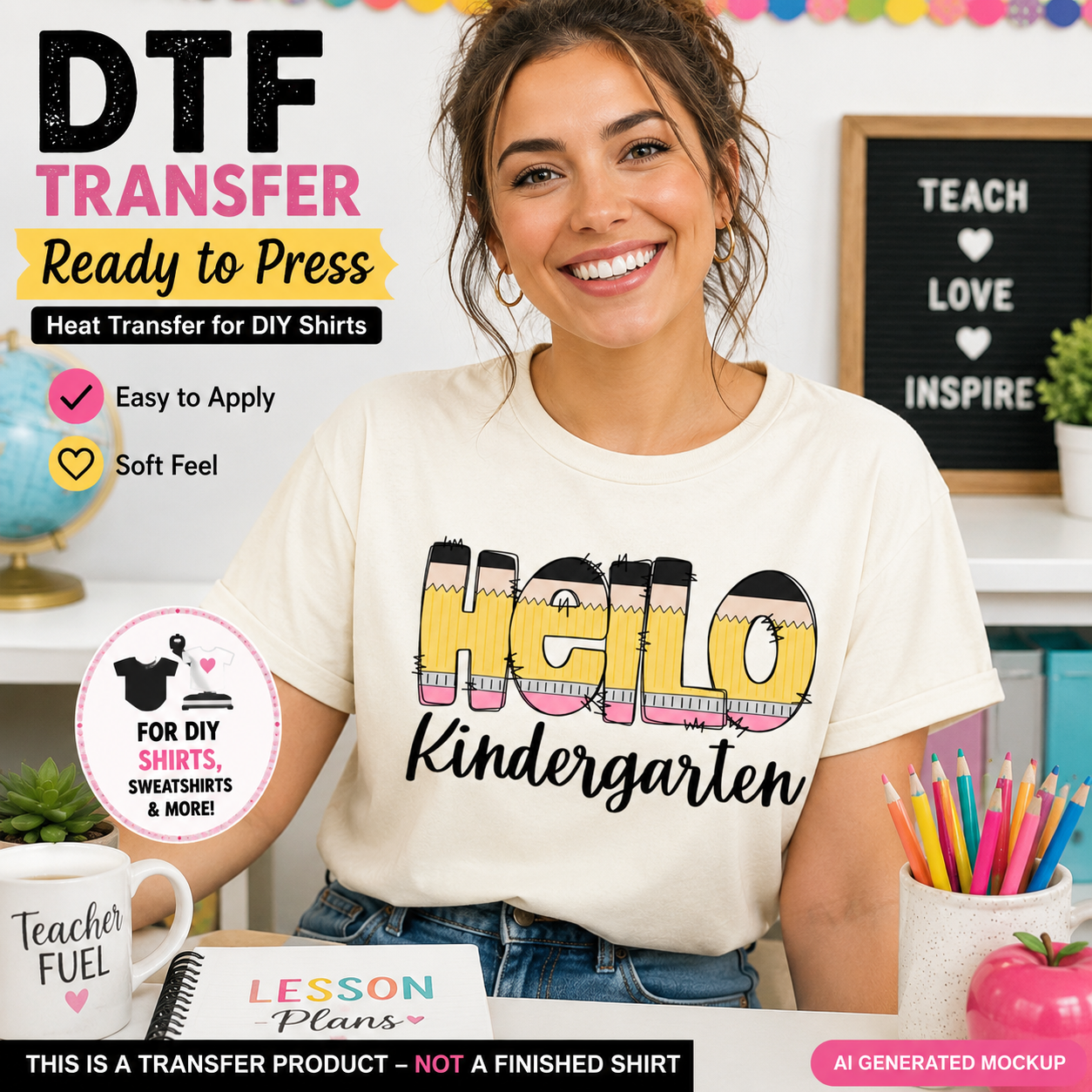 Woman wearing a t-shirt with 'Hello Kindergarten' design in a classroom setting.
