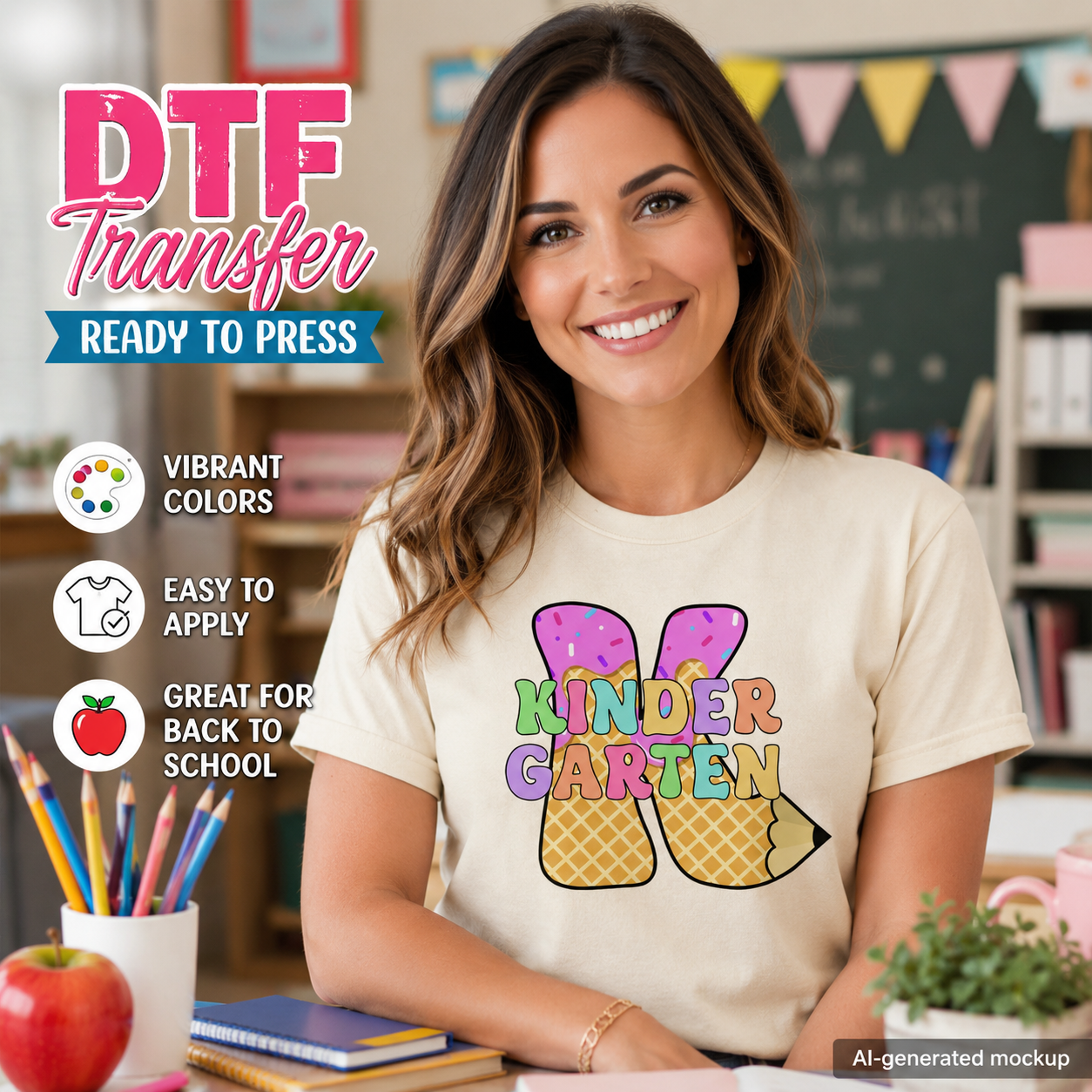 Woman wearing a 'Kindergarten' t-shirt with DTF transfer text overlay in a classroom setting.