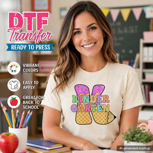 Woman wearing a 'Kindergarten' t-shirt with DTF transfer text overlay in a classroom setting.