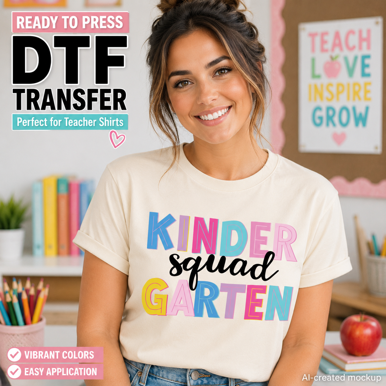 Woman wearing a 'Kindergarten Squad' t-shirt in a classroom setting with promotional text about DTF transfers.
