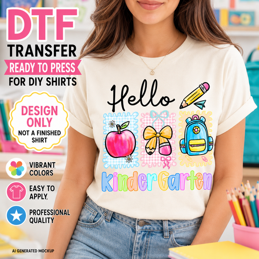 T-shirt with 'Hello Kindergarten' design and colorful graphics, with text about DTF transfers.