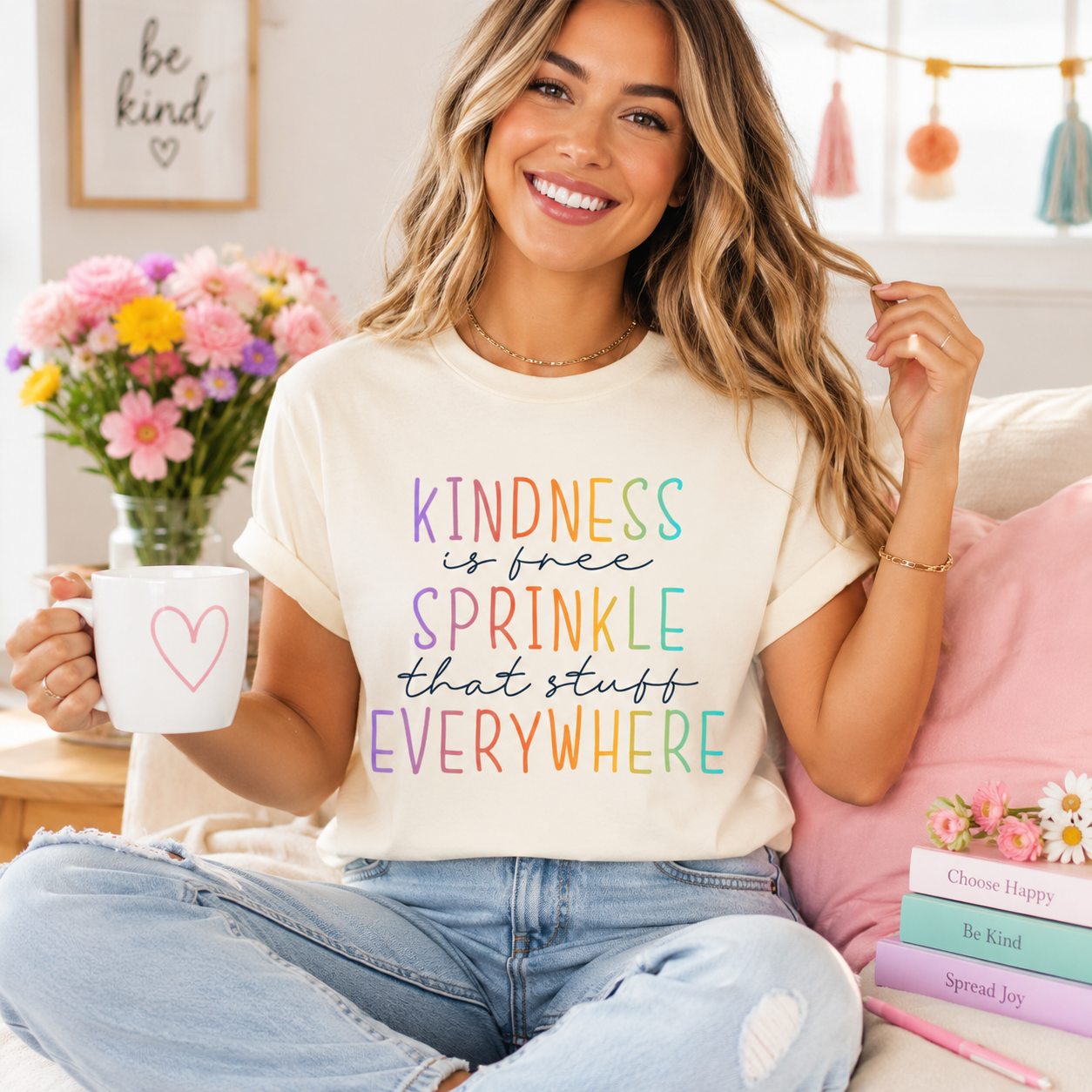 Cream shirt mockup featuring a colorful kindness ready to press dtf transfer with the phrase Kindness is free Sprinkle that stuff Everywhere.
