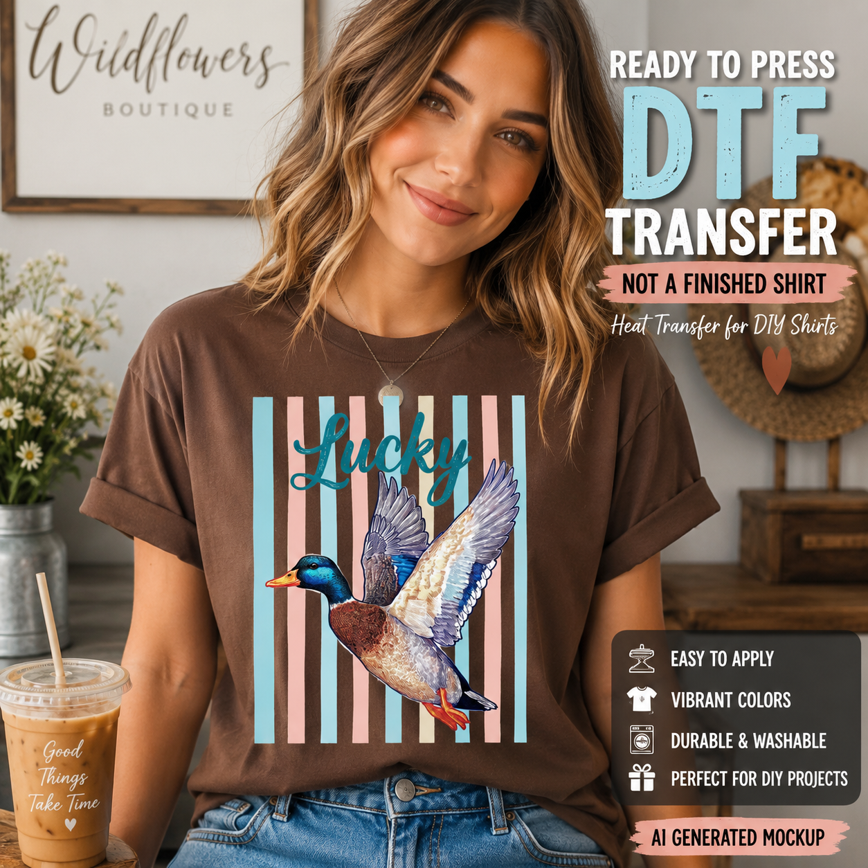 Woman wearing a brown t-shirt with a duck graphic and 'Lucky' text, with promotional text for DTF transfers.
