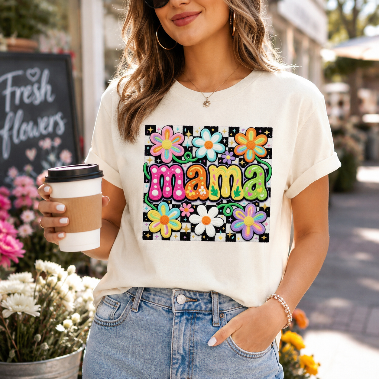 Mama shirt mockup featuring colorful floral checker ready to press dtf transfer on a cream T-shirt