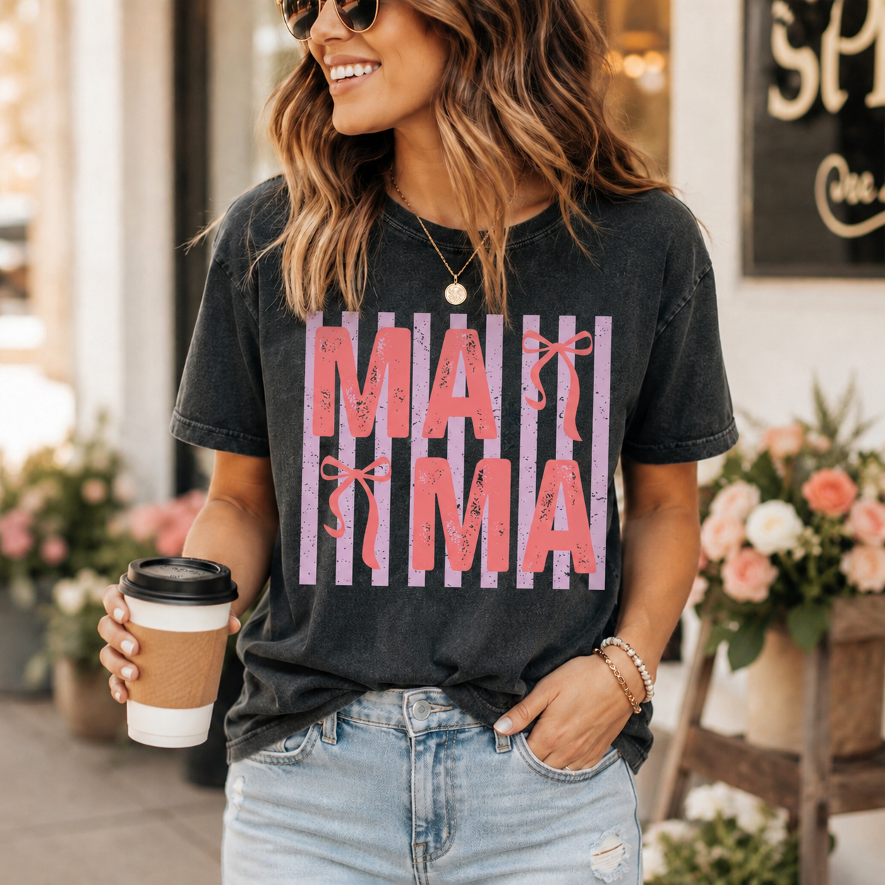 Black lifestyle T-shirt mockup with pink and lavender mama ready to press dtf transfer featuring bow accents.