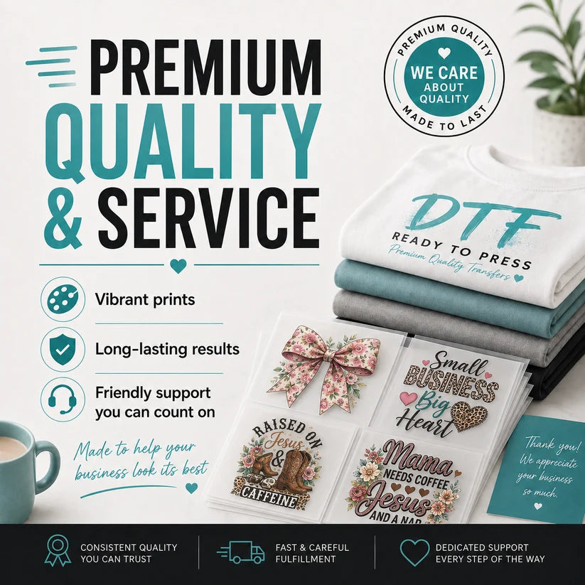 Premium ready-to-press DTF transfers with vibrant prints, long-lasting results, and friendly customer support.