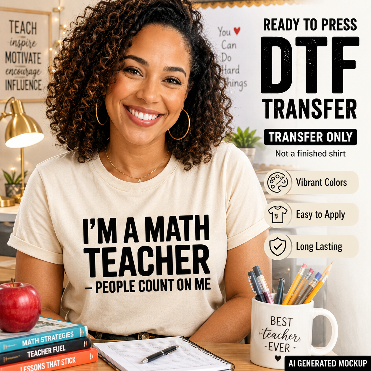 Woman wearing a t-shirt with 'I'm a math teacher - people count on me' text, sitting at a desk with educational items.
