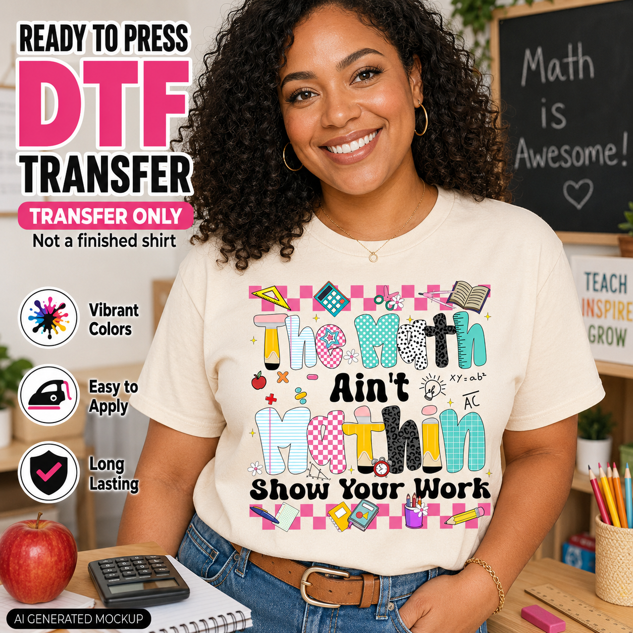 Woman wearing a t-shirt with a math-themed design in a classroom setting