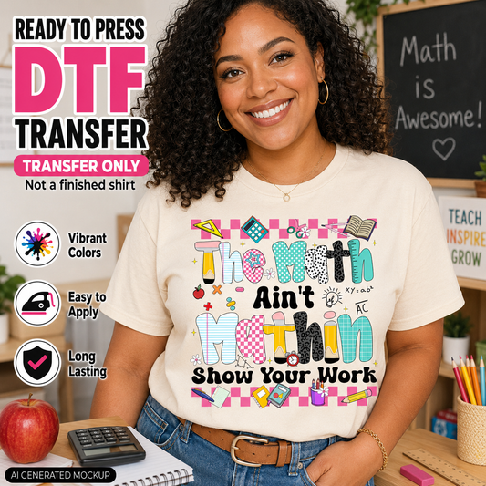 Woman wearing a t-shirt with a math-themed design in a classroom setting