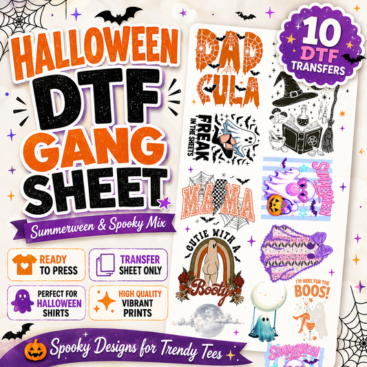 Promotional graphic for a 'Halloween DTF Gang Sheet' featuring ten summer and spooky transfer designs. The sheet includes designs for 'Dad Cula Freak in the Sweet', 'Mama', 'Cute with a Boo', 'Spooktacular', and 'I'm Here for a Boo'.