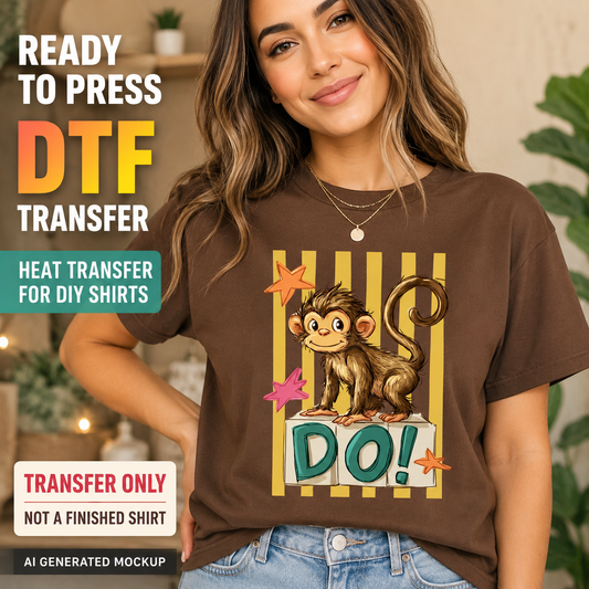 Woman wearing a brown t-shirt with a monkey graphic and 'DO!' text, with promotional text about DTF transfers.