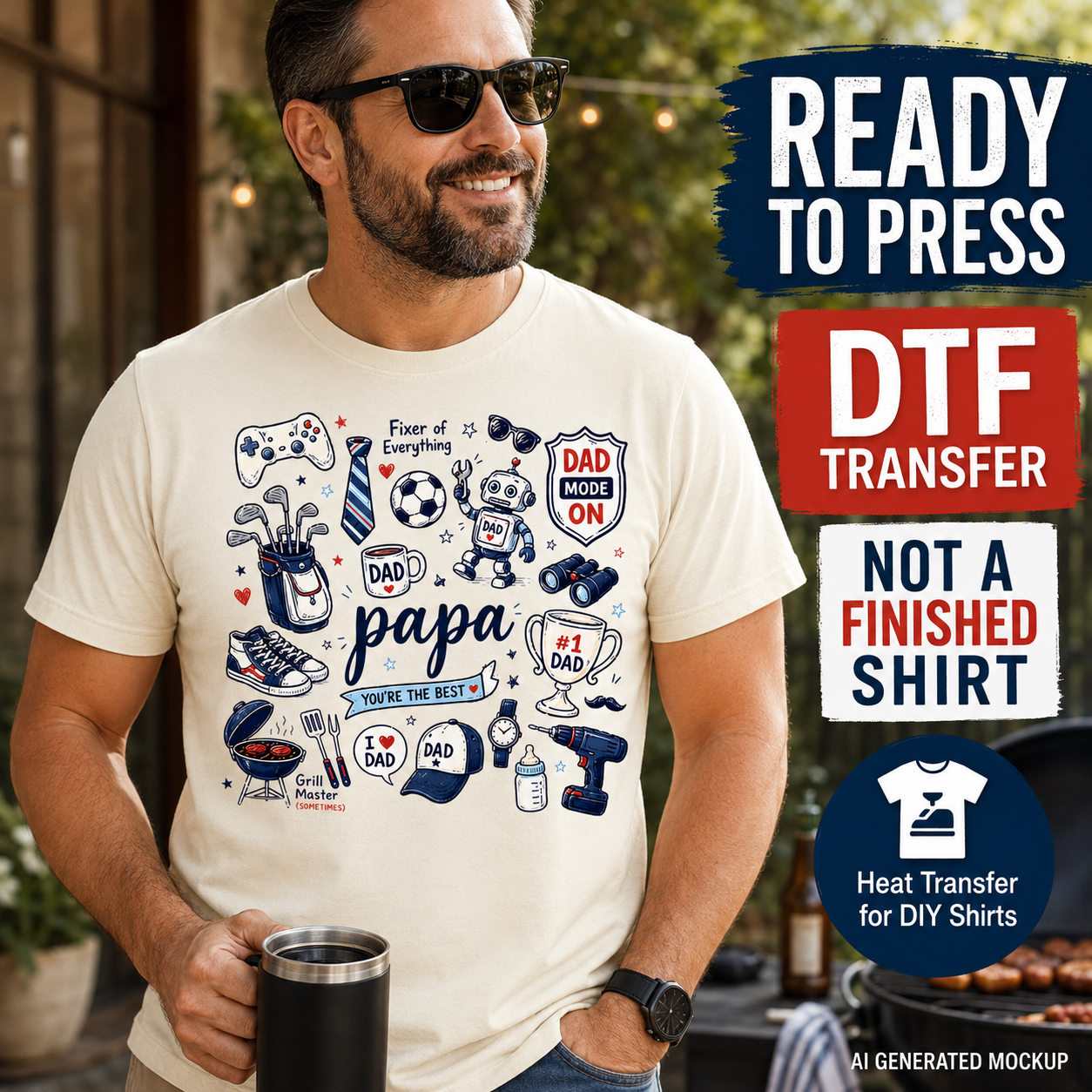 Papa dad DTF transfer shirt with You’re The Best Father’s Day doodle design, ready to press heat transfer for DIY dad shirts on a dad holding coffee
