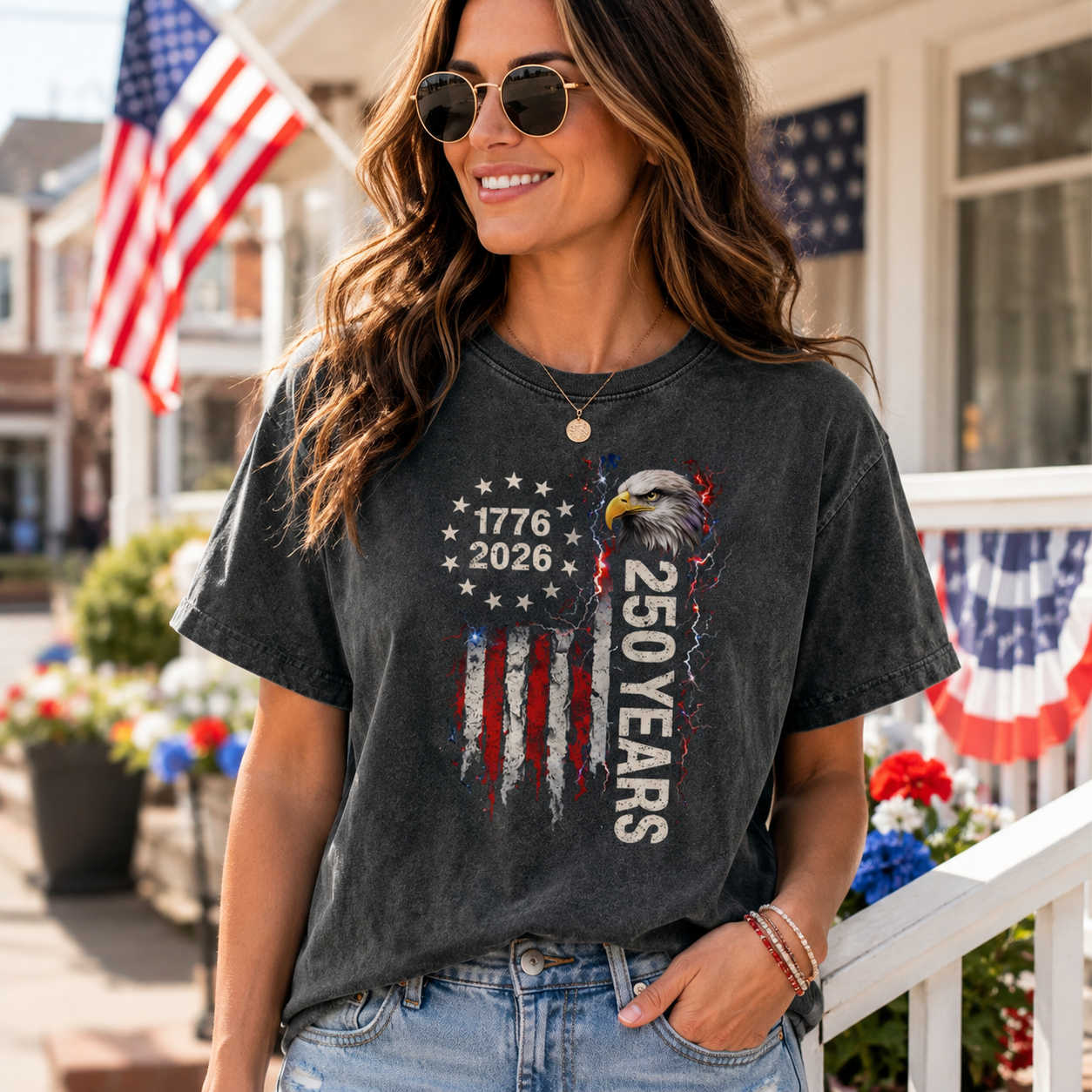 Patriotic shirt mockup featuring 1776 2026 250 Years eagle flag ready to press dtf transfer on a dark gray tee