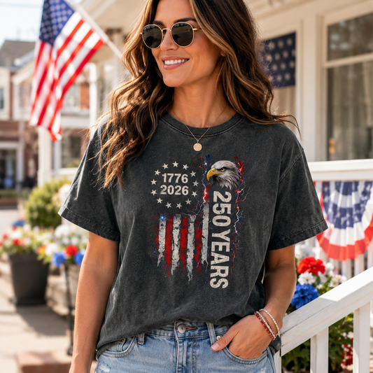 Patriotic shirt mockup featuring 1776 2026 250 Years eagle flag ready to press dtf transfer on a dark gray tee