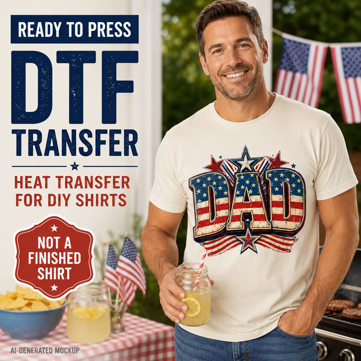 Man wearing a 'DAD' t-shirt with American flag design, holding a drink outdoors.