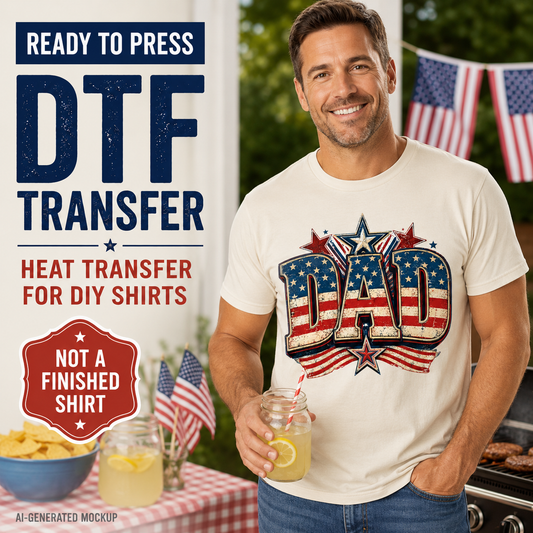 Man wearing a 'DAD' t-shirt with American flag design, holding a drink outdoors.
