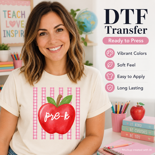 Woman wearing a t-shirt with a red apple design and 'pre-k' text, with promotional text for DTF transfers.