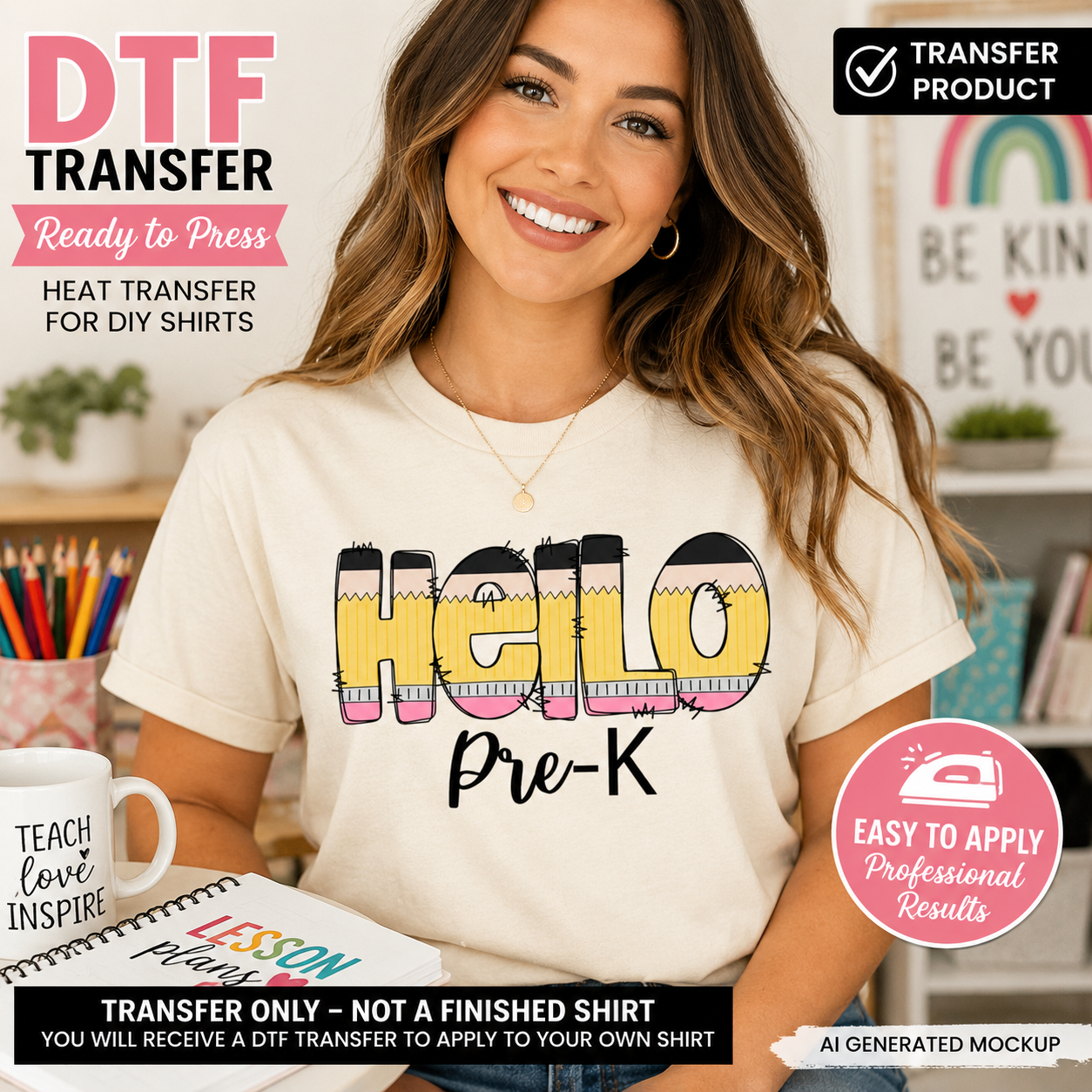 Woman wearing a 'Hello Pre-K' shirt with promotional text about DTF transfers.