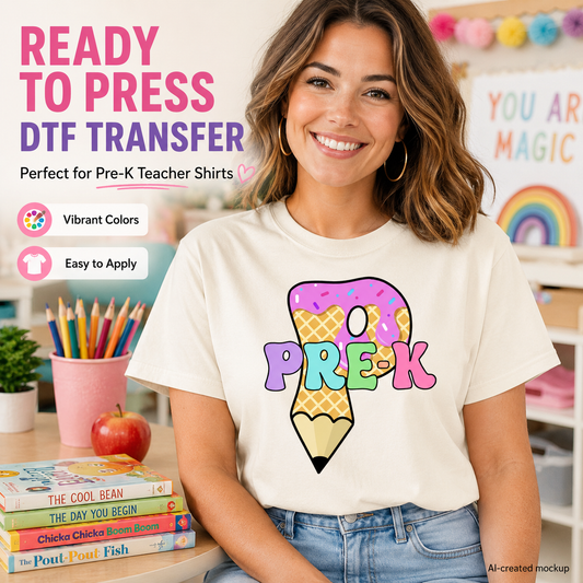 Woman wearing a 'PRE-K' t-shirt with colorful design in a classroom setting
