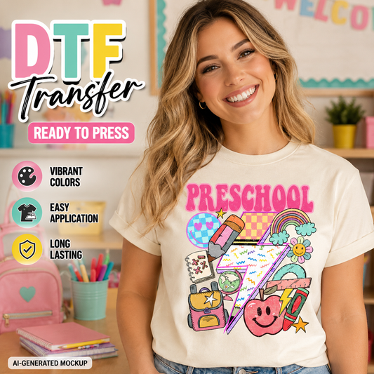 Woman wearing a t-shirt with a colorful 'Preschool' design in a classroom setting, with promotional text about DTF transfers.