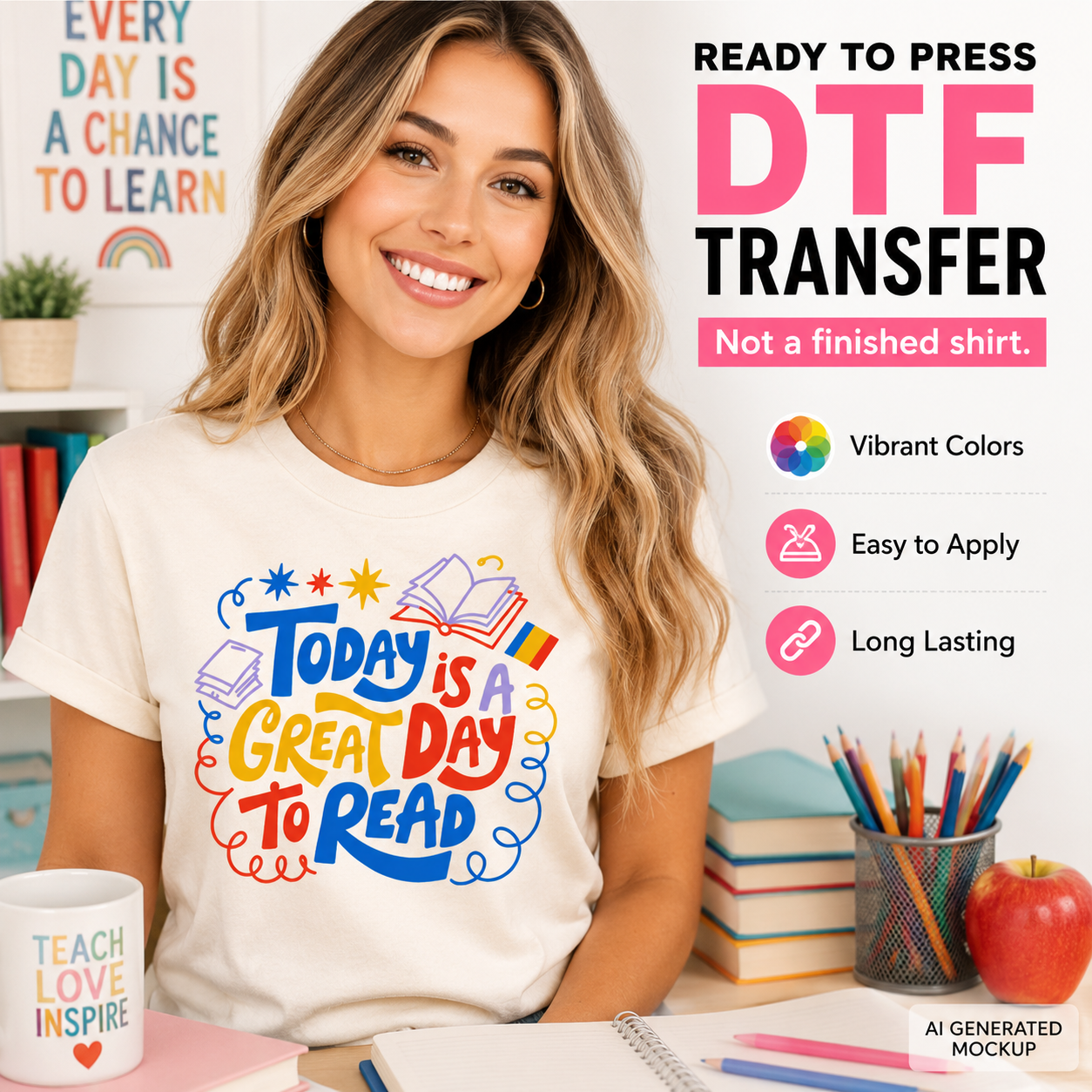 Woman wearing a t-shirt with 'Today is a great day to read' design, surrounded by books and stationery.