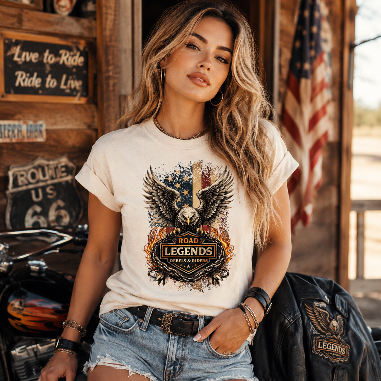 Cream shirt mockup featuring a Road Legends ready to press dtf transfer with an eagle, wings, flames, chain details, and biker-style artwork.
