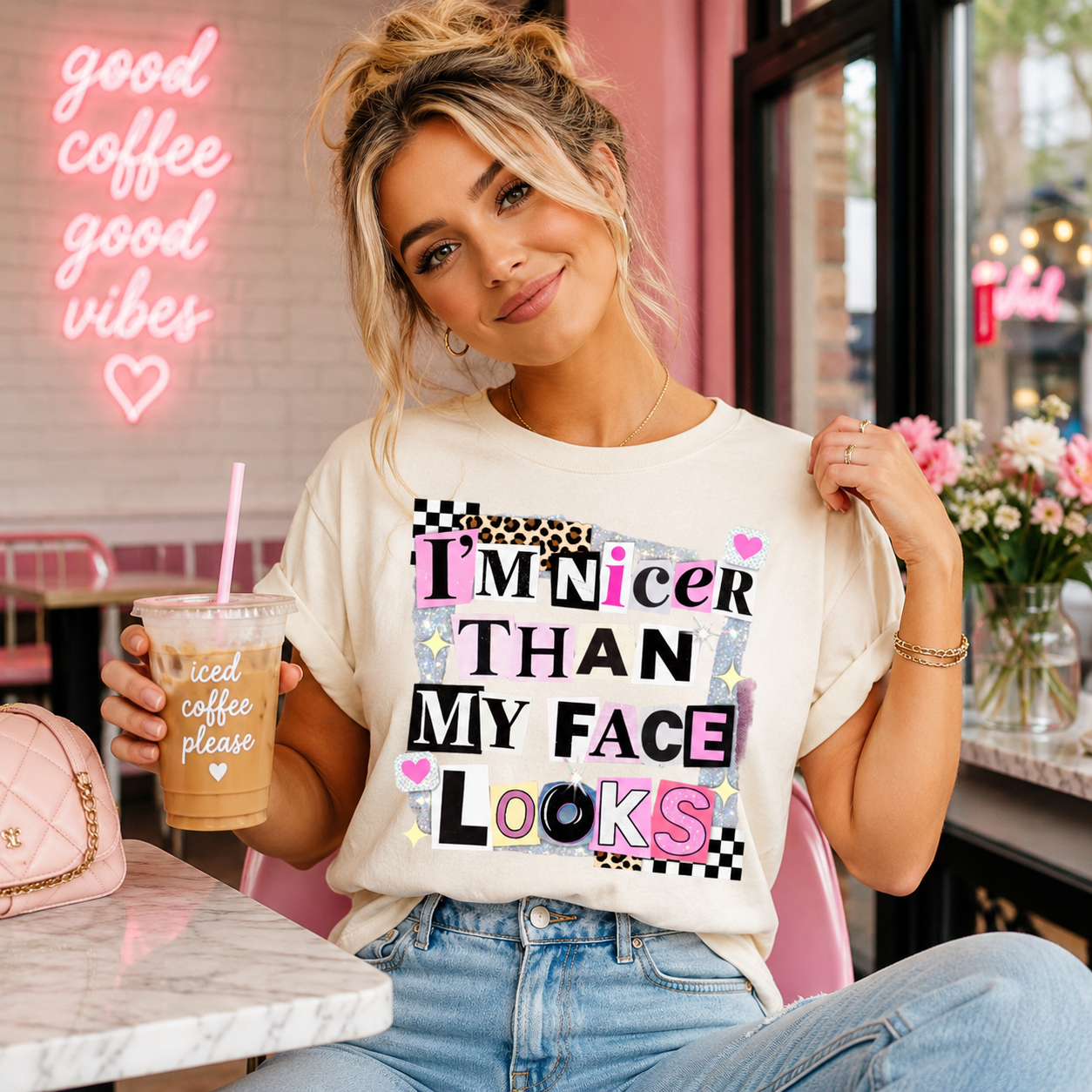 Sarcastic shirt mockup featuring I’m Nicer Than My Face Looks ready to press dtf transfer on a cream T-shirt