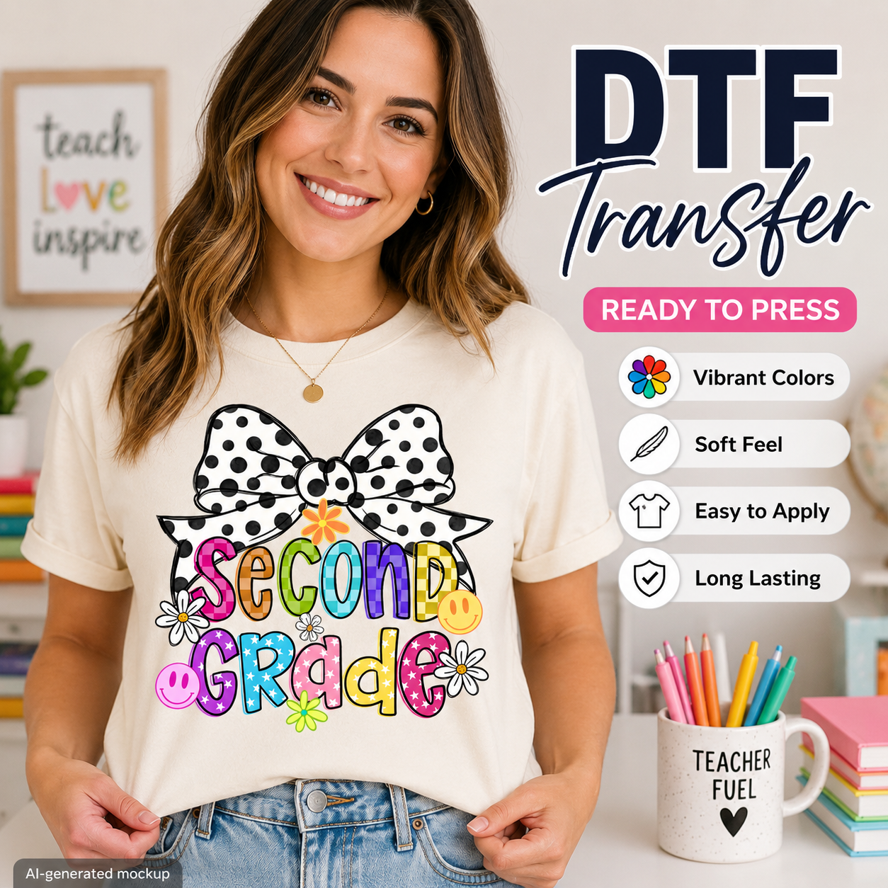 Woman wearing a t-shirt with 'Second Grade' design, surrounded by educational items.