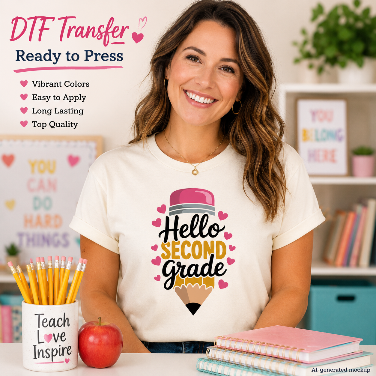 Woman wearing a 'Hello Second Grade' t-shirt with classroom items in the background