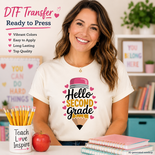 Woman wearing a 'Hello Second Grade' t-shirt with classroom items in the background