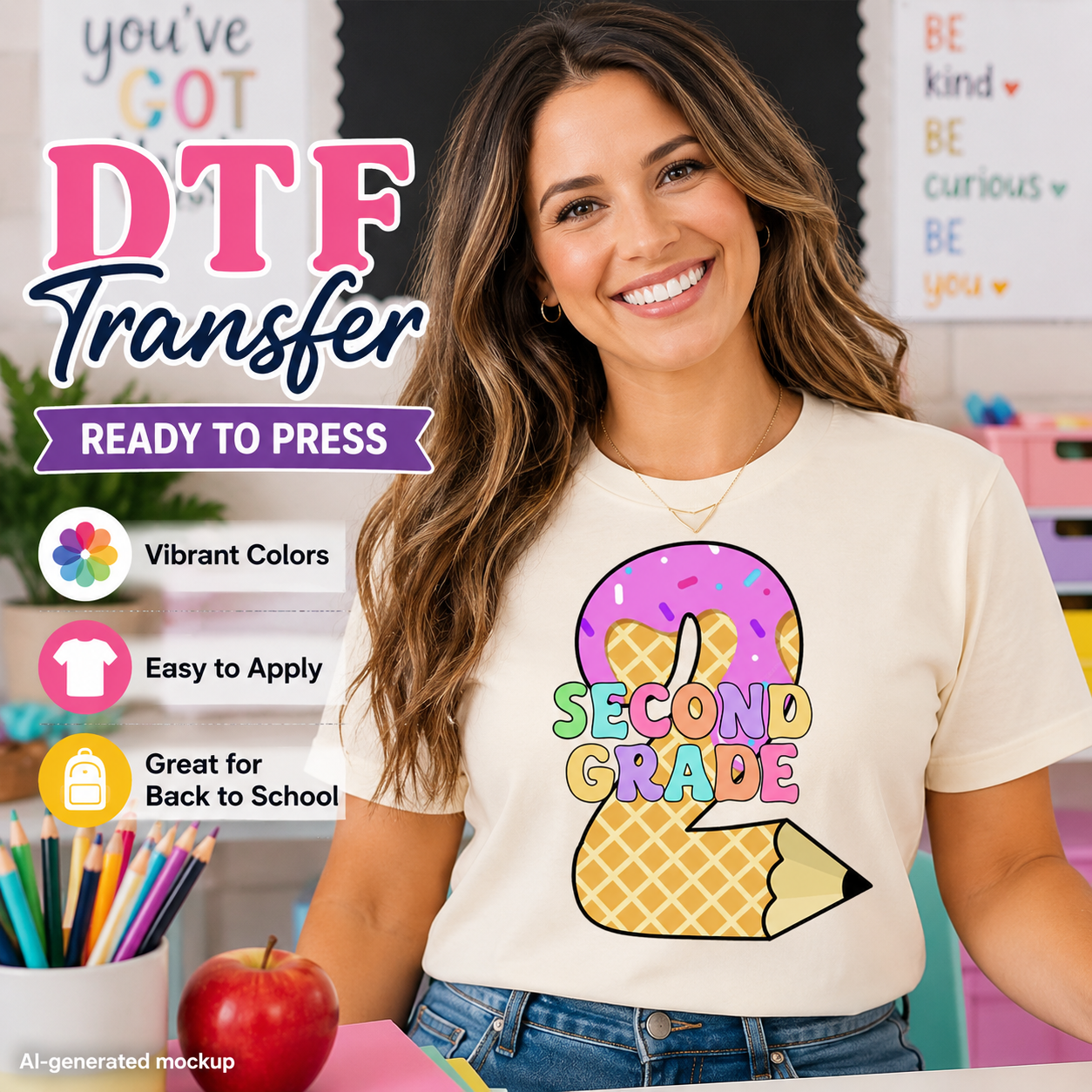 Woman wearing a t-shirt with a 'Second Grade' design in a classroom setting, promoting DTF transfer products.