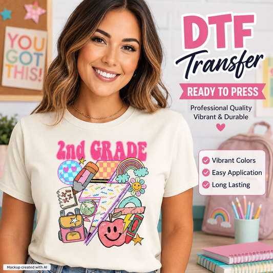 Woman wearing a t-shirt with a '2nd Grade' design and promotional text for DTF transfers.